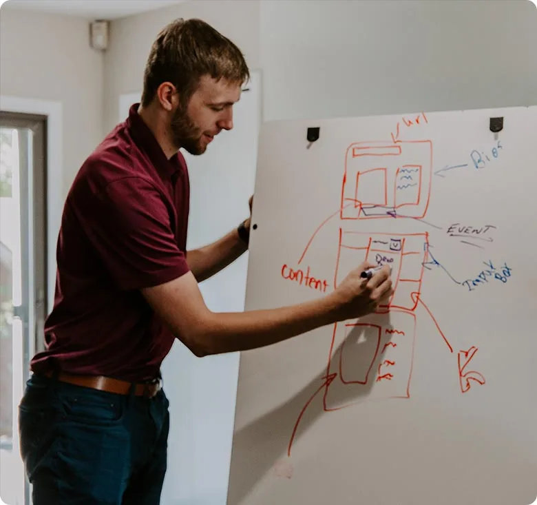 A strategist mapping a campaign plan on a whiteboard